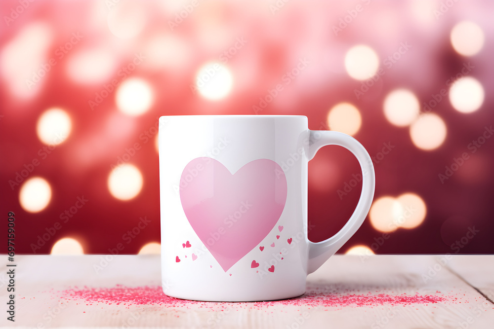 Valentine's Day themed coffee mug with pink heard and bokeh background Valentine's Day themed coffee mug with pink heard and bokeh background