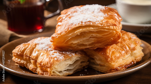 They are made with a flaky puff pastry dough and filled with a variety of sweet or savory fillings, such as guava, cheese. ai generated. photo