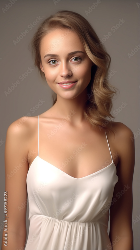 the 3D hyper-realistic world of fashion as a model strikes a pose over a gray background, adorned in a long silk gown with chiffon fabric. Generative AI. the 3D hyper-realistic world of fashion as a model strikes a pose over a gray background, adorned in a long silk gown with chiffon fabric. Generative AI.