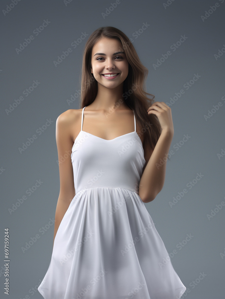 the 3D hyper-realistic world of fashion as a model strikes a pose over a gray background, adorned in a long silk gown with chiffon fabric. Generative AI. the 3D hyper-realistic world of fashion as a model strikes a pose over a gray background, adorned in a long silk gown with chiffon fabric. Generative AI.