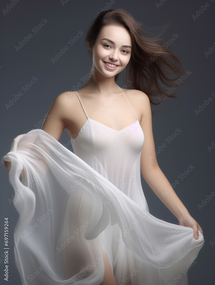 Fototapeta premium the 3D hyper-realistic world of fashion as a model strikes a pose over a gray background, adorned in a long silk gown with chiffon fabric. Generative AI.