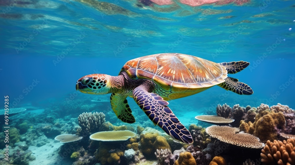 A majestic sea turtle gliding through crystal-clear ocean waters A majestic sea turtle gliding through crystal-clear ocean waters
