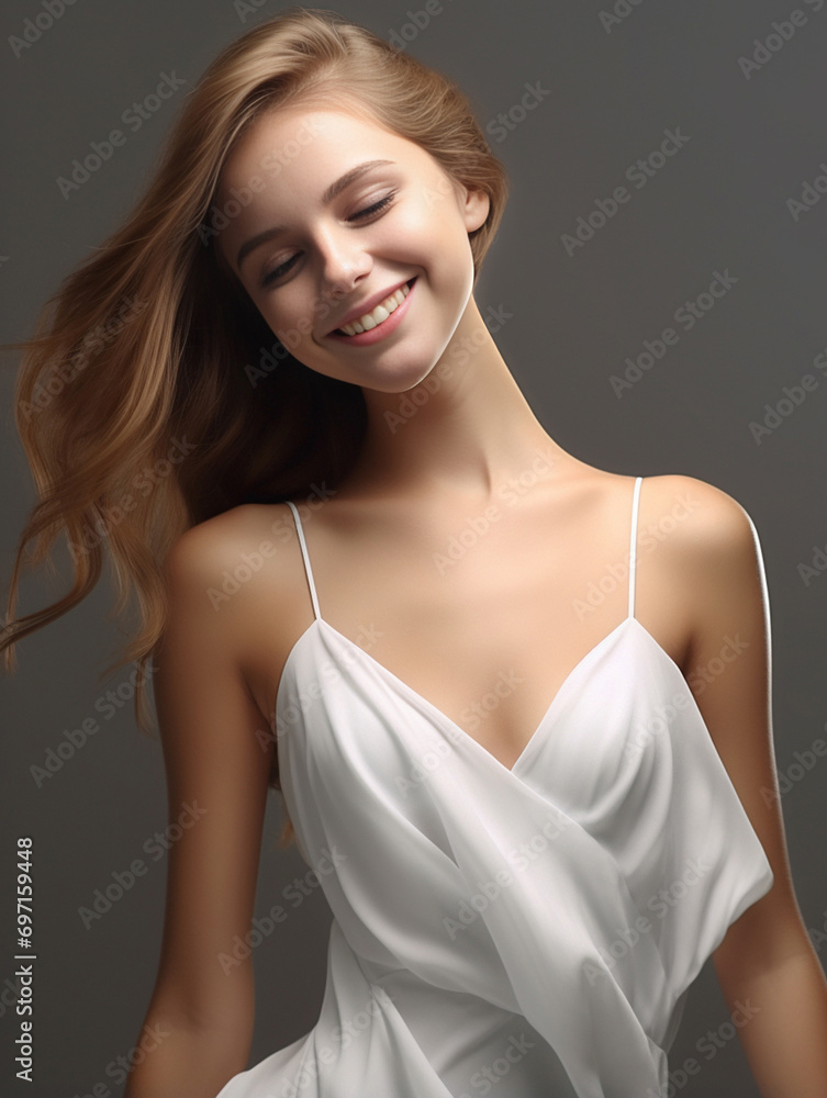 the 3D hyper-realistic world of fashion as a model strikes a pose over a gray background, adorned in a long silk gown with chiffon fabric. Generative AI. the 3D hyper-realistic world of fashion as a model strikes a pose over a gray background, adorned in a long silk gown with chiffon fabric. Generative AI.