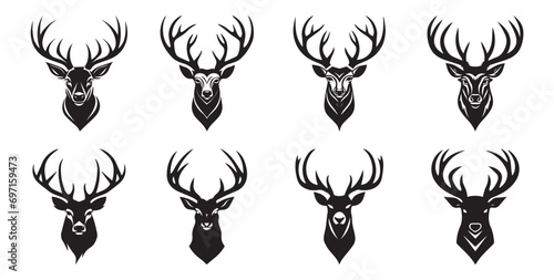 Deer head silhouettes with horns, black and white heads of forest animals, decoration of room, home, wall, tatto. Vector illustration