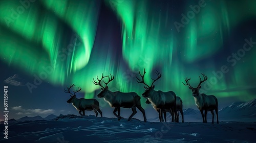 A reindeer herd on the move across the tundra under the ethereal glow of the Northern Lights