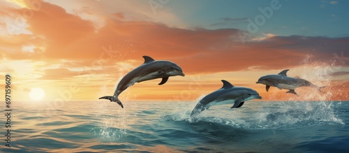 Dolphin group leaping - Scenic ocean, sky © TheWaterMeloonProjec