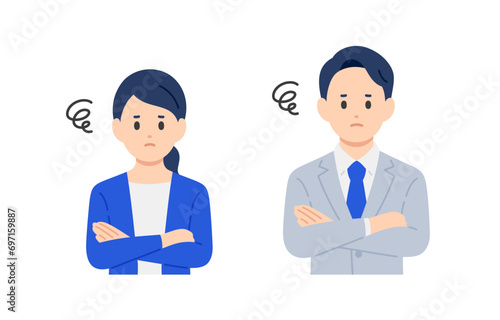 腕を組んで悩むポーズをするビジネスパーソン男女のセット【人物ベクターイラスト素材】