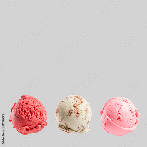 Three Ice Cream Scoops Isolated On Light Grey Background