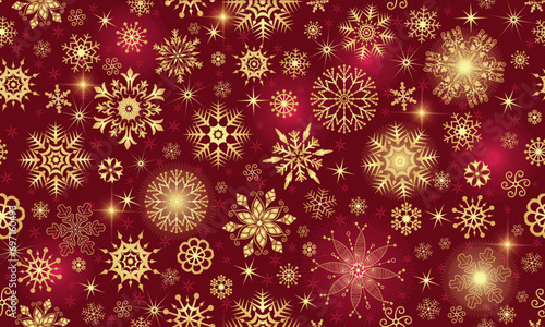 Vector hand drawn seamless winter pattern with glitter golden snowflakes and stars on dark red background