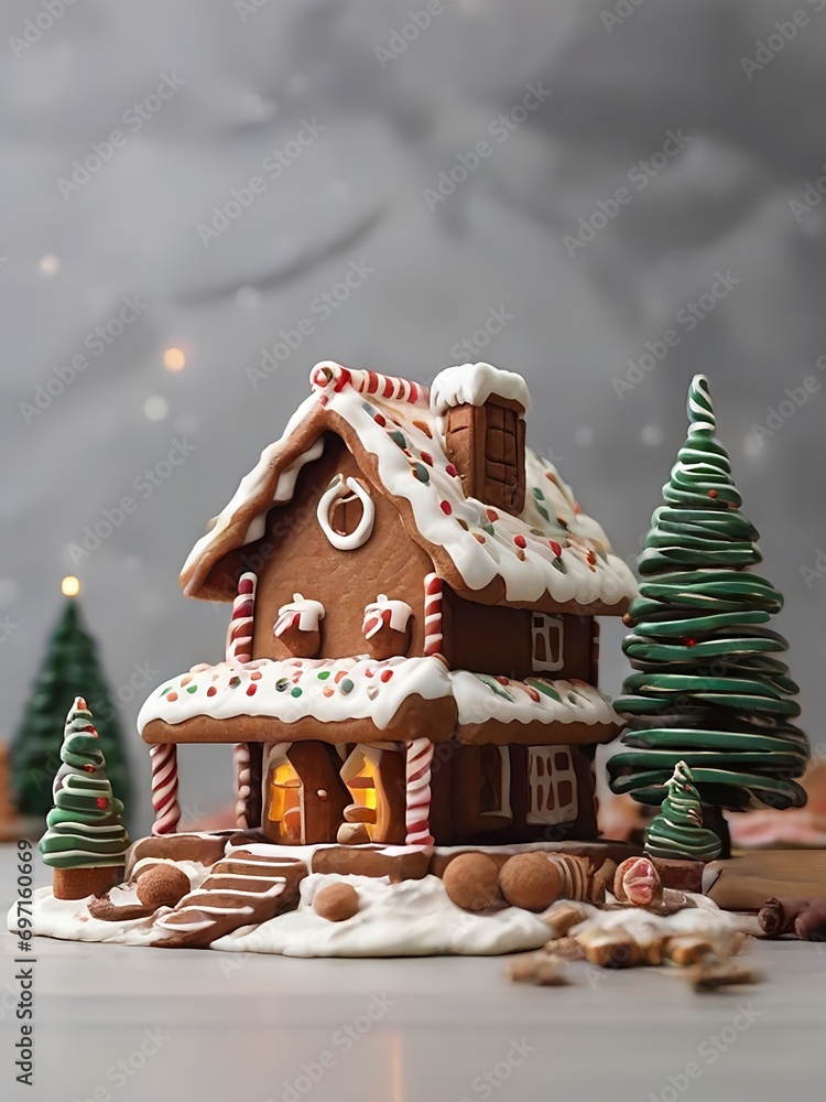 A collection of photos of a Christmas tree in the shape of a house with ingredients for gingerbread and cake and cream using artificial intelligence.