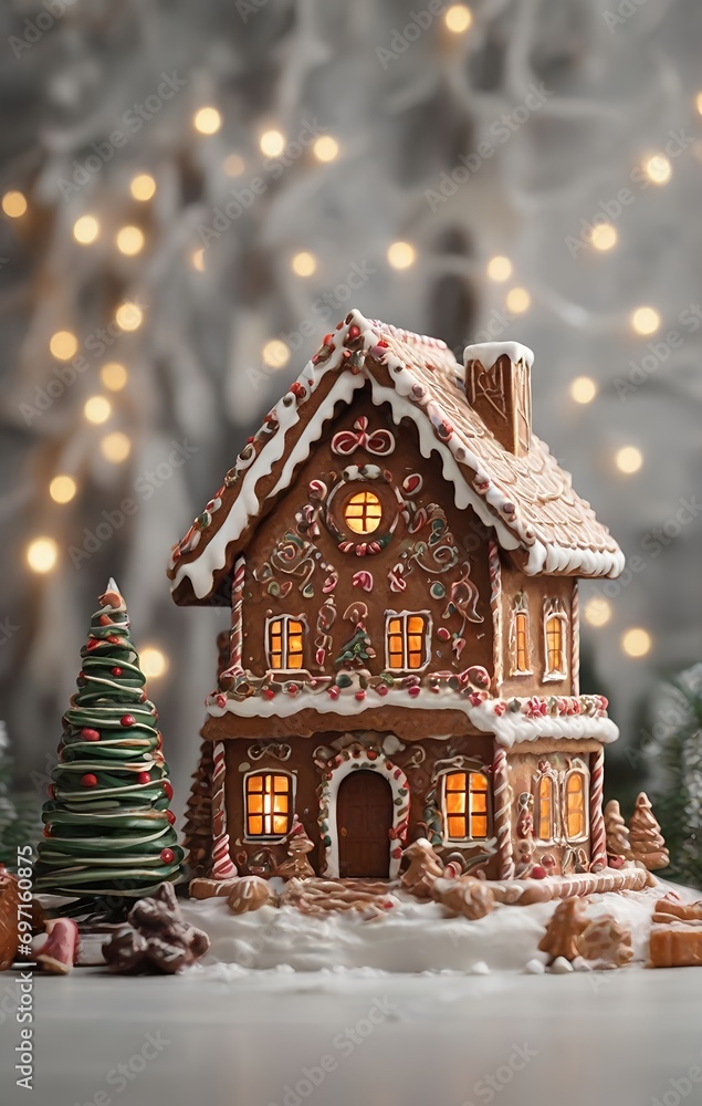 A collection of photos of a Christmas tree in the shape of a house with ingredients for gingerbread and cake and cream using artificial intelligence.