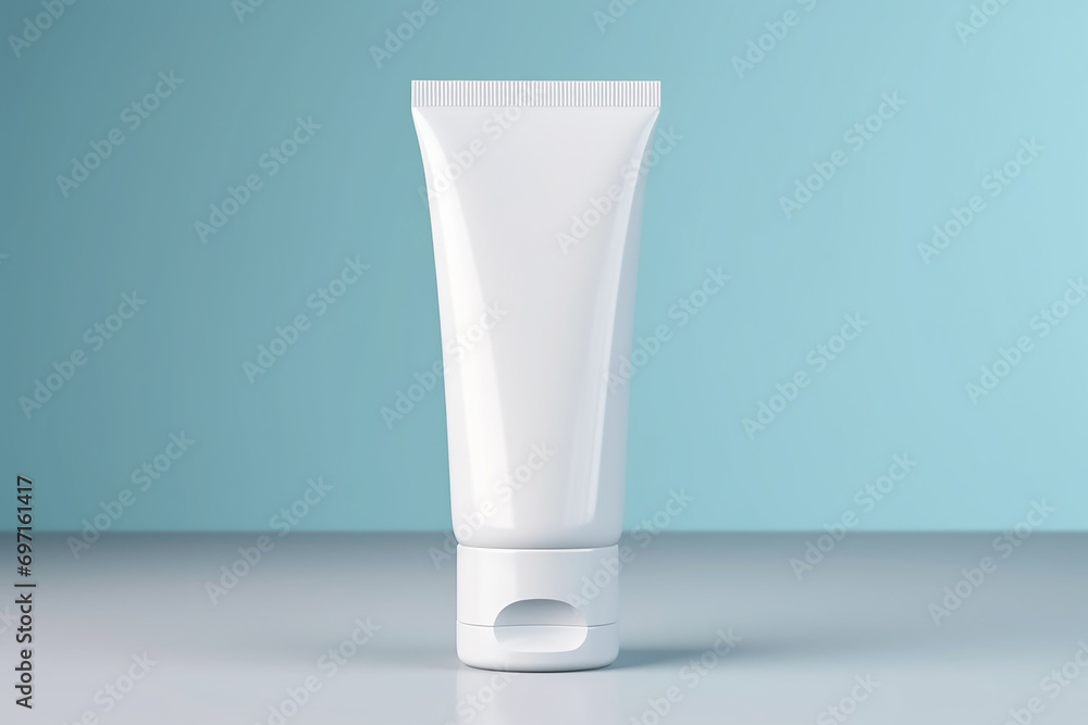 Beauty levitation concept with cream tube, jar and serum on blue background, top view, flat lay, vertical Beauty levitation concept with cream tube, jar and serum on blue background, top view, flat lay, vertical