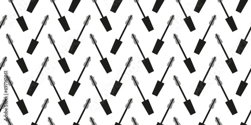 Seamless  pattern of mascara on white background. Black mascara brush. Vector brush mascara seamless pattern. Make-up product background design  repeating print with black brush mascara