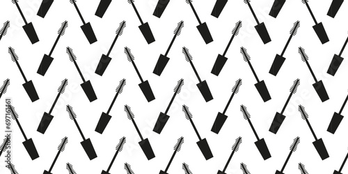 Seamless  pattern of mascara on white background. Black mascara brush. Vector brush mascara seamless pattern. Make-up product background design, repeating print with black brush mascara