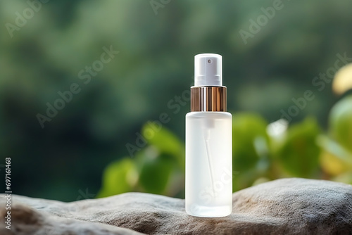 essential oil bottle mock up template, podium and celandine flowers backdrop for Natural cosmetic products presentation Beauty, wellness, body care spa concept.