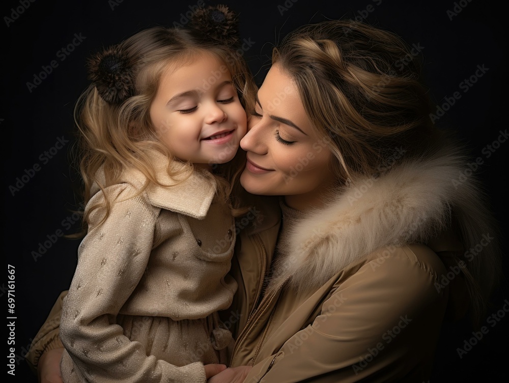 A woman and a little girl hugging in a studio. Generative AI. A woman and a little girl hugging in a studio. Generative AI.