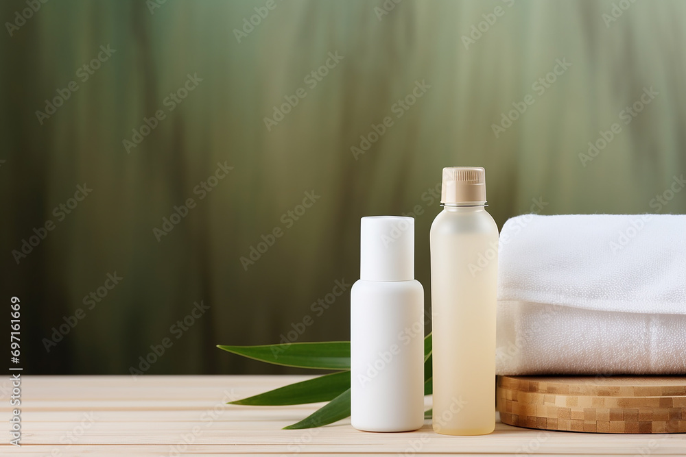 Beautiful spa and cosmetics products composition on wooden table Natural cosmetic products presentation Beauty, wellness, body care spa concept.
