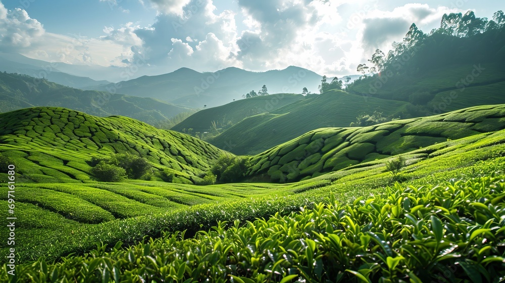 Green hillside is decorated with lush green tea fields. Calm landscape. A lush green hillside under a blue sky
