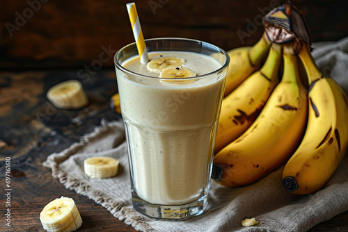 Food photography background - Healthy banana smoothie milkshake in glass with bananas on table