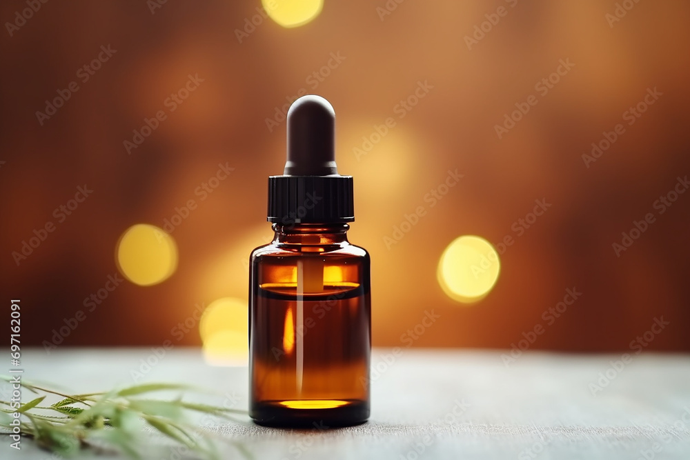 Amber glass cosmetic dropper bottle with black lid on a natural background with shadows and chamomile flowers. Skincare products , natural cosmetic. Beauty wellbeing product for face and body care Amber glass cosmetic dropper bottle with black lid on a natural background with shadows and chamomile flowers. Skincare products , natural cosmetic. Beauty wellbeing product for face and body care