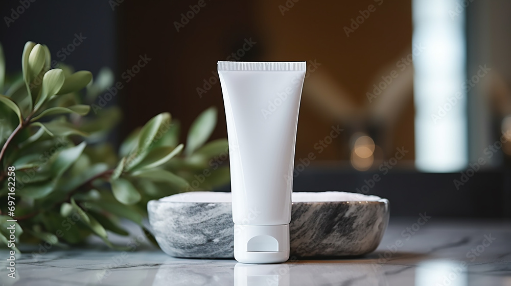 White facewash tube in bathroom room interior mock-up, beauty and care product packaging template