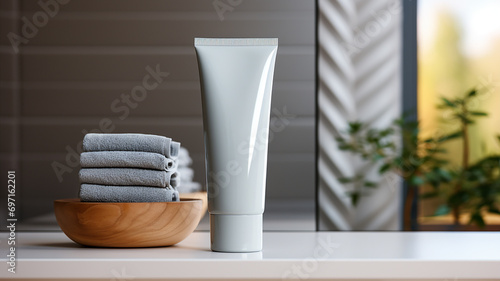 White facewash tube in bathroom room interior mock-up, beauty and care product packaging template photo