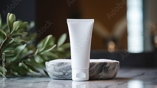 Obraz na płótnie White facewash tube in bathroom room interior mock-up, beauty and care product packaging template w salonie
