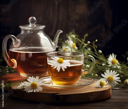 cup of tea and teapot with chamomile flowers on a wooden block on a black background