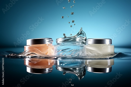 Cosmetic spa skincare, glass serum bottle with collagen splash on water background with waves. photo