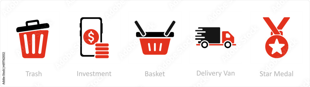 A set of 5 Mix icons as trash, investment, basket A set of 5 Mix icons as trash, investment, basket