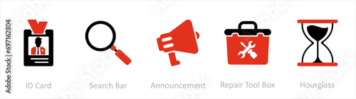 A set of 5 Mix icons as id card, search bar, announcement photo
