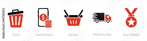 A set of 5 Mix icons as trash, investment, basket