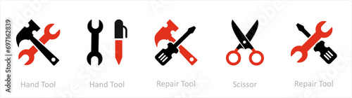 A set of 5 Mix icons as hand tool, repair tool, scissor