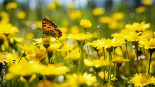 Butterfly in meadow pollinating on yellow flower in nature in rays of sunlight in summer in spring. Picturesque colorful artistic image wildflowers with soft focus. Close-up. Copy space. © Marina_Nov