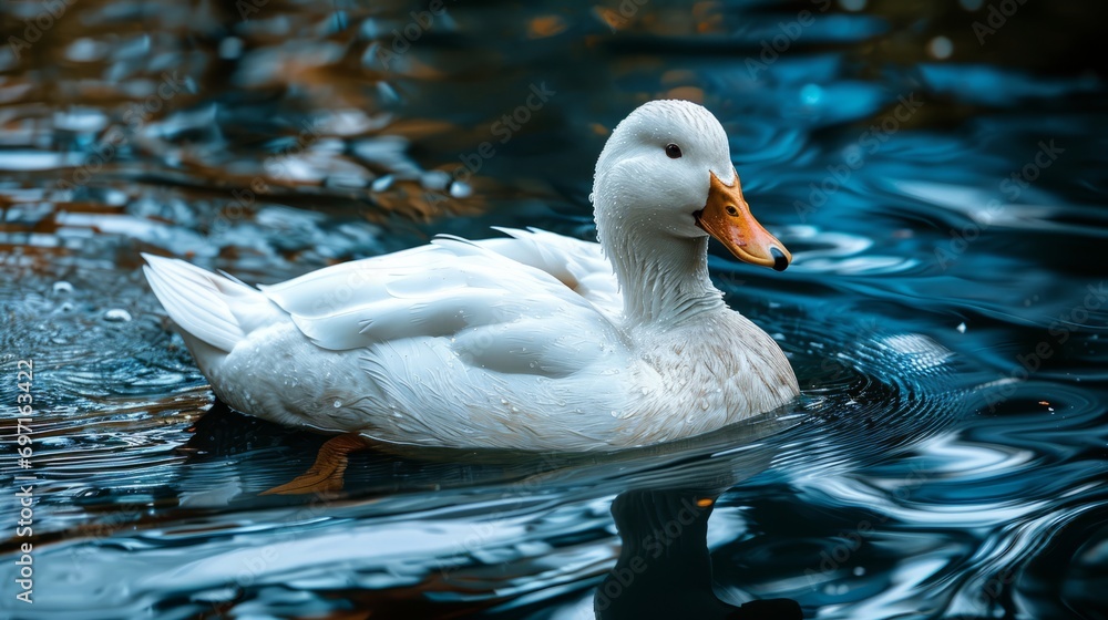 A white duck floats peacefully on the water. Carefree and calm concept