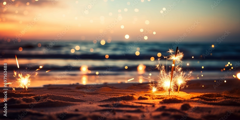 Fototapeta premium sparklers on the beach with a sunset view