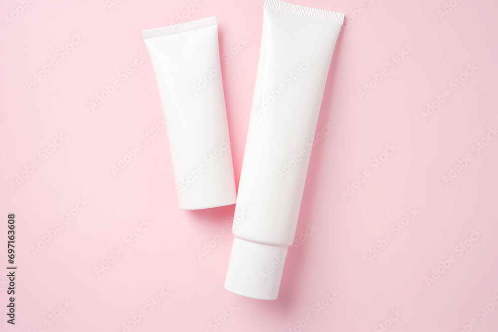Beauty levitation concept with cream tube, jar and serum on pink background, top view, flat lay, Beauty levitation concept with cream tube, jar and serum on pink background, top view, flat lay,
