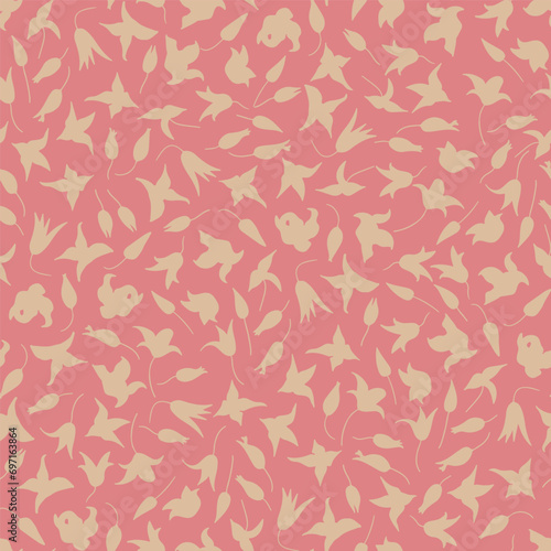 Pink seamless pattern with beige or gold floral silhouettes. Simple scattered repeat pattern.