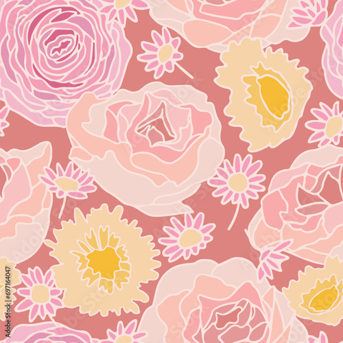Pink roses and daisies on dust rose background, large scale seamless pattern. Soft lines and shapes.
