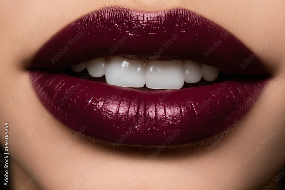 Close-up of beautiful lips with bordeaux lipstick Close-up of beautiful lips with bordeaux lipstick