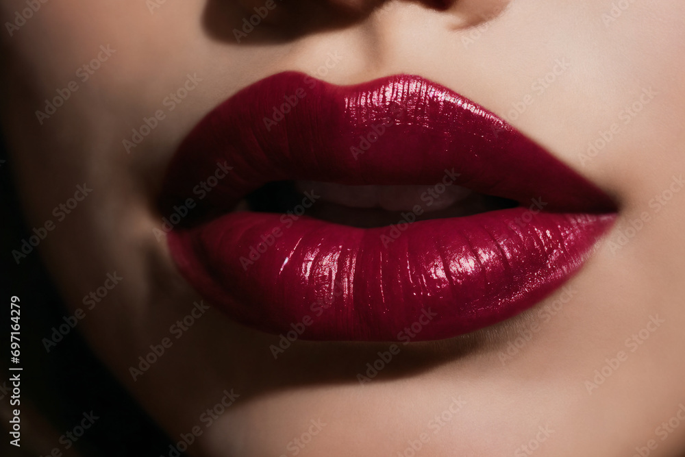 Close-up of beautiful lips with bordeaux lipstick Close-up of beautiful lips with bordeaux lipstick