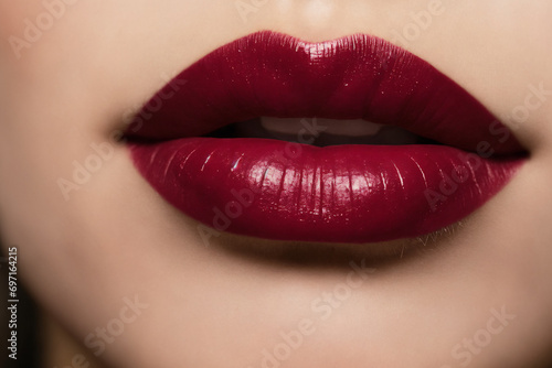 Close-up of beautiful lips with bordeaux lipstick