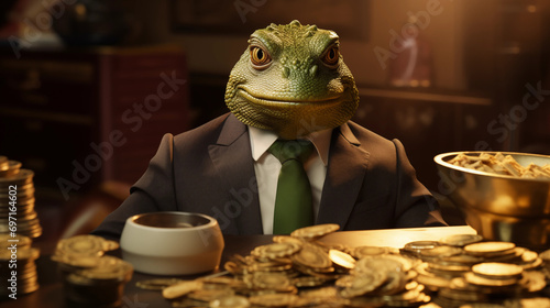 A lizard in a suit is sitting at a table, with money on the table. The lizard is a banker, a financial consultant