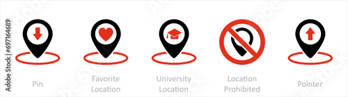 A set of 5 Business icons as pin, favorite location, university location
