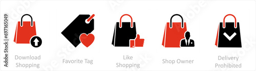 A set of 5 Business icon as download shopping, favorite tag, like shopping 