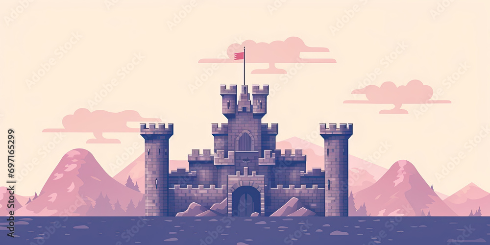Castle background video game style illustration castles towers 8-bit, vintage computer graphics, generated ai - obrazy, fototapety, plakaty 