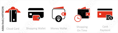 A set of 5 Business icons as cloud card, shopping wallet, money wallet