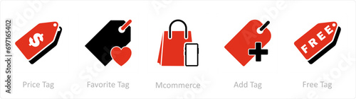 A set of 5 Business icons as price tag, favorite tag, m commerce