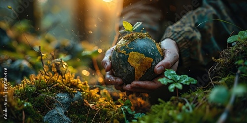 Symbolic Image for Earth Day - Person Holding Globe with Sprouting Leaf 