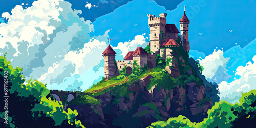 Castle background video game style illustration castles towers 8-bit, vintage computer graphics, generated ai	 photo
